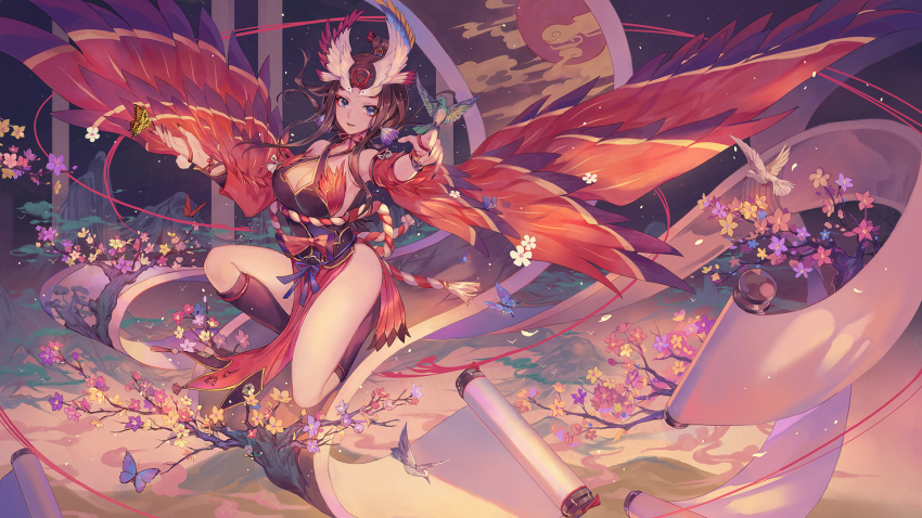 1girl, bird, blue_eyes, breasts, brown_hair, bug, butterfly, cleavage, closed_mouth, criin_(659503), flower, hair_ornament, highres, insect, japanese_clothes, kachou_fuugetsu_(onmyoji), large_breasts, looking_at_viewer, onmyoji, scroll, solo, thighs, wings