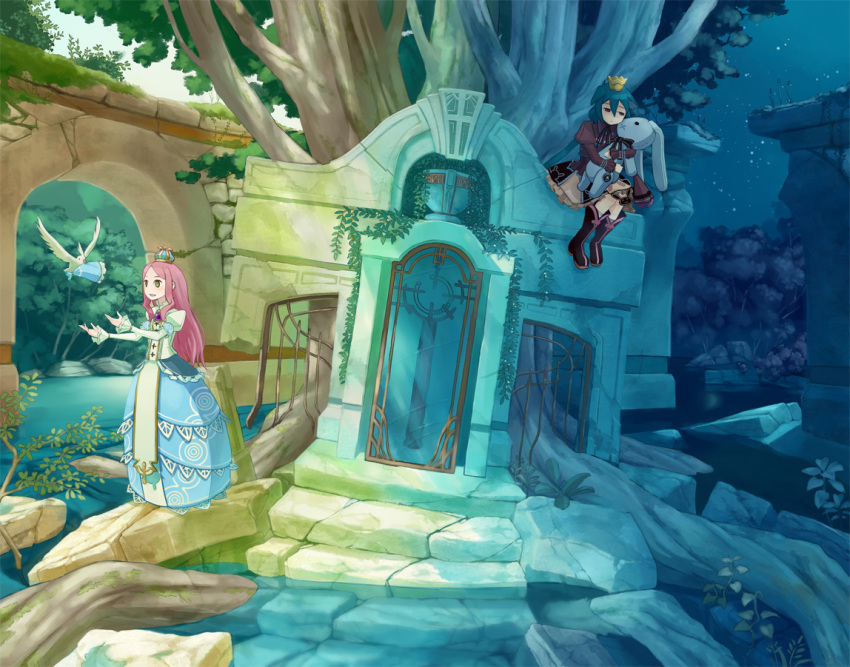 2girls, 7th_dragon, 7th_dragon_(series), bird, crown, day, haruno, haruno_sora, hat, maron_(7th_dragon), momomeno_(7th_dragon), multiple_girls, night, pink_hair, princess_(7th_dragon), rabbit, ruins, scenery, sitting, stuffed_animal, stuffed_rabbit, stuffed_toy, tree