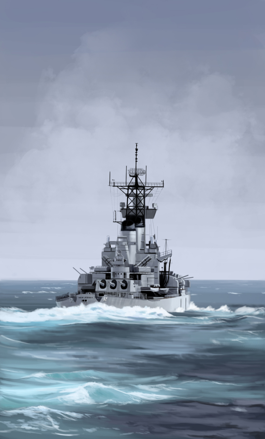 antenna_mast, battleship, cannon, grey_sky, highres, military, military_vehicle, mo_yu_de_jiaozi