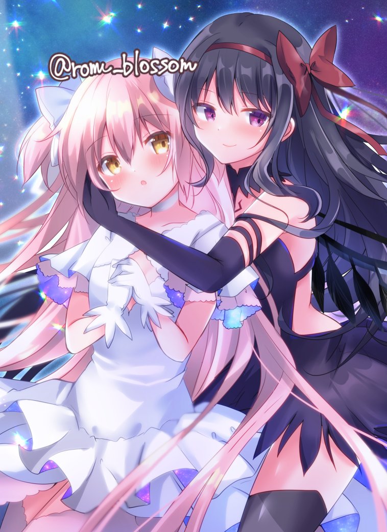 2girls, absurdly_long_hair, akemi_homura, akuma_homura, artist_name, bare_shoulders, black_dress, black_feathers
