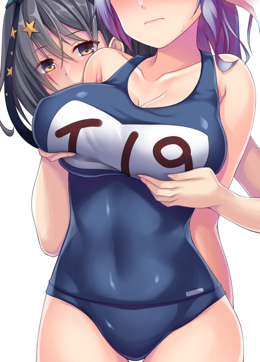 2girls, absurdres, bare_arms, bare_legs, bare_shoulders, black_one-piece_swimsuit, blue_hair, breasts