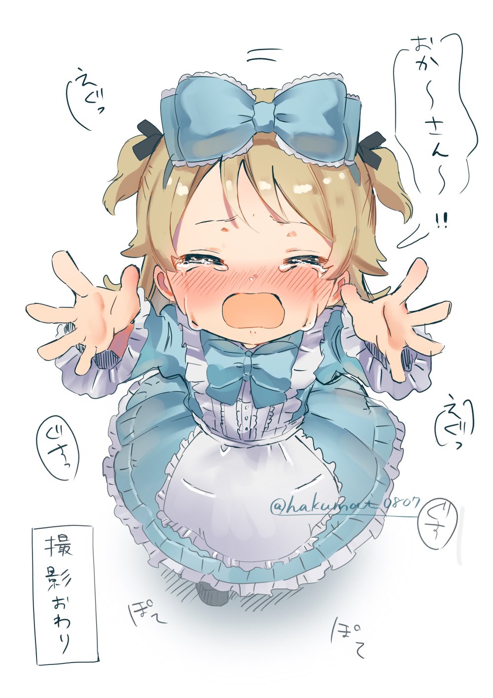 1girl, :o, aged_down, blush, bow, bowtie, brown_hair, crying