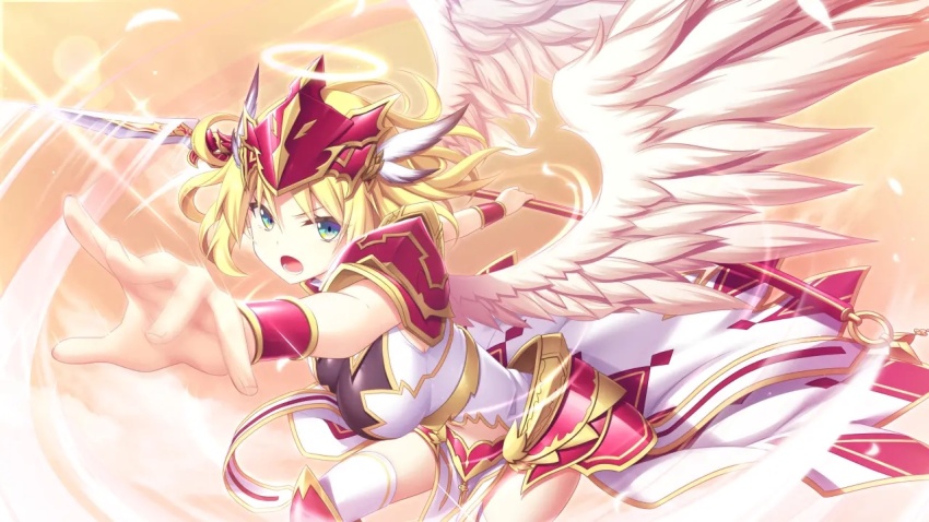 1girl, amayui_castle_meister, angel, angel_wings, armor, blonde_hair, bracelet, bracer