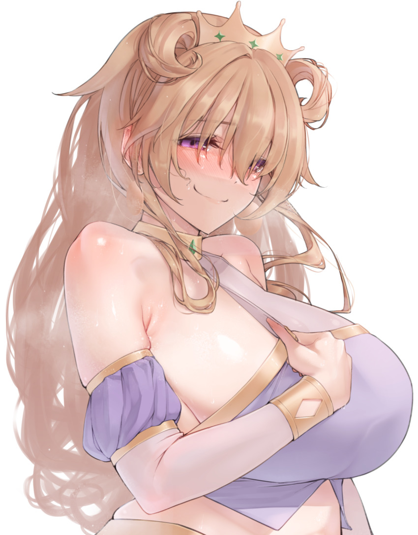 1girl, armpit_crease, bare_shoulders, blush, bracer, breasts, brown_hair, butterfly_(love_live!), closed_mouth, clothes_pull, collarbone, commentary_request, crop_top, detached_sleeves, ear_blush, fingernails, gold_trim, hair_between_eyes, hand_up, highres, jewelry, konoe_kanata, large_breasts, long_hair, long_sleeves, looking_at_viewer, love_live!, love_live!_nijigasaki_high_school_idol_club, midriff, nasuno_(nasuno42), neck_ring, nose_blush, pulling_own_clothes, purple_eyes, purple_shirt, see-through_clothes, shiny_skin, shirt, shirt_pull, sideboob, sidelocks, simple_background, skindentation, sleeveless, sleeveless_shirt, smile, solo, steaming_body, sweat, tiara, two_side_up, upper_body, wavy_hair, white_background