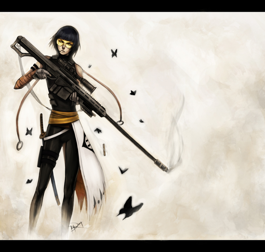 00s, 1girl, anti-materiel_rifle, black_hair, bleach, bug, butterfly, female_focus