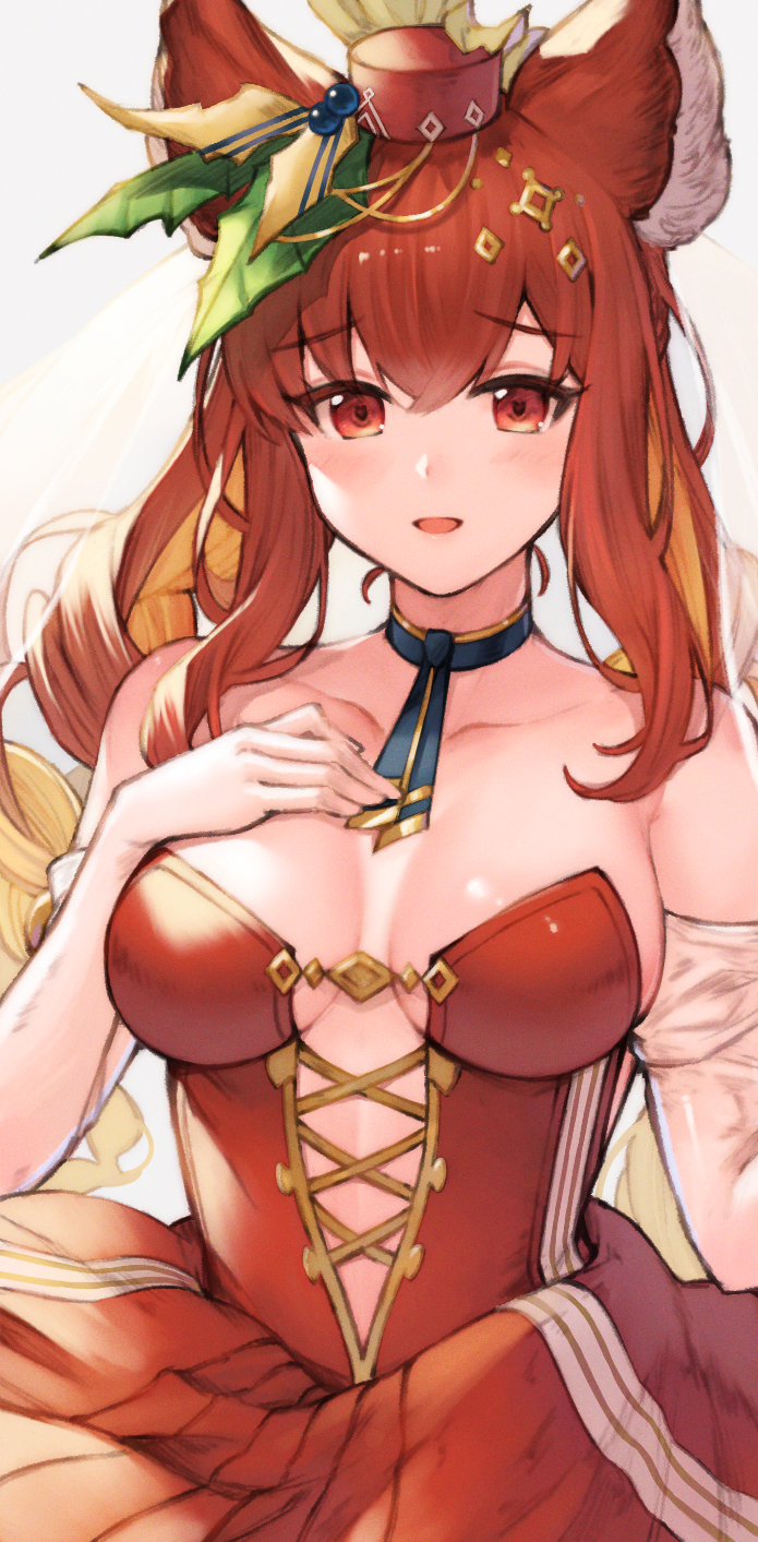 1girl, animal_ears, anthuria, anthuria_(holiday), anthuria_(holiday)_(granblue_fantasy), bad_id, bad_pixiv_id, blue_choker, blue_ribbon, breasts, choker, cleavage, collarbone, commentary_request, erune, granblue_fantasy, hair_ornament, hat, highres, koretsuki_azuma, looking_at_viewer, medium_breasts, red_eyes, red_hair, red_hat, revision, ribbon, ribbon_choker, solo, upper_body