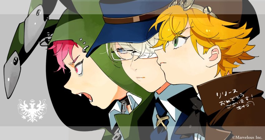 3boys, animal_hood, belga_(senjuushi), blonde_hair, blue_eyes, blue_headwear, brown_headwear, rabbit_hood