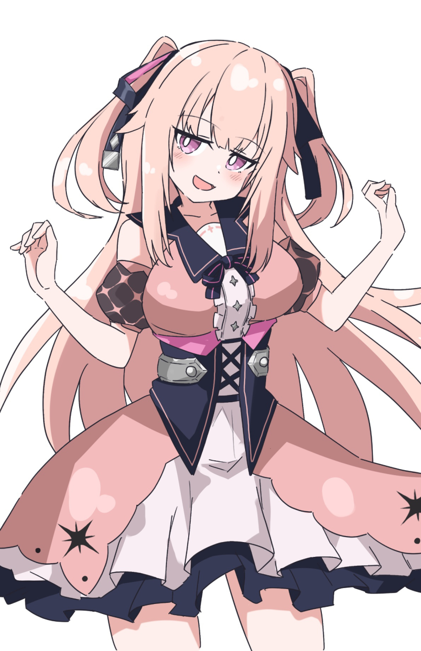 1girl, arms_up, black_corset, black_ribbon, blush, breasts, corset, cowboy_shot