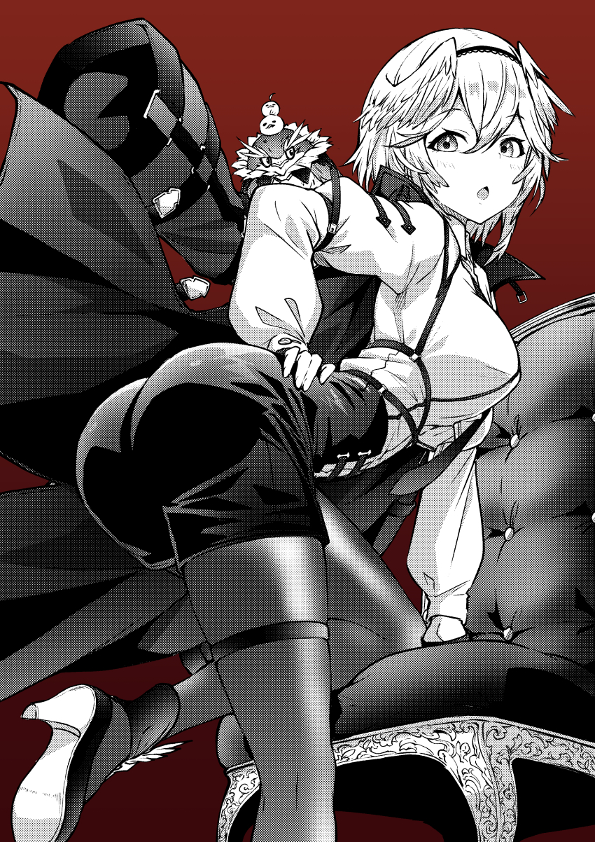 1girl, absurdres, asanaya, ass, bird, breasts, brown_background, chair