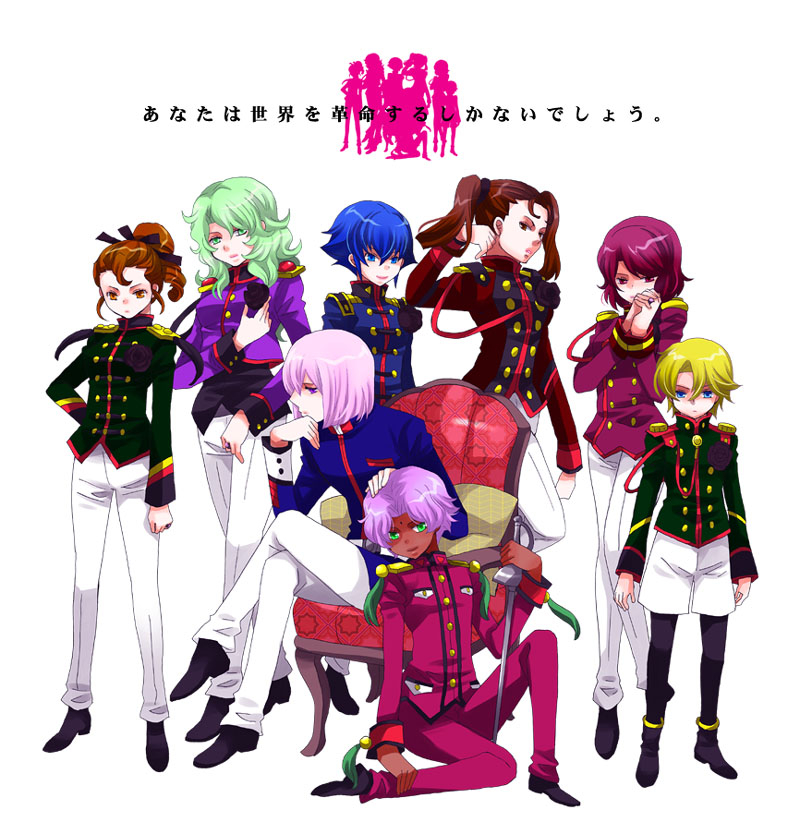 1990s_(style), 3boys, 5girls, aiguillette, bad_id, bad_pixiv_id, blonde_hair, blue_eyes