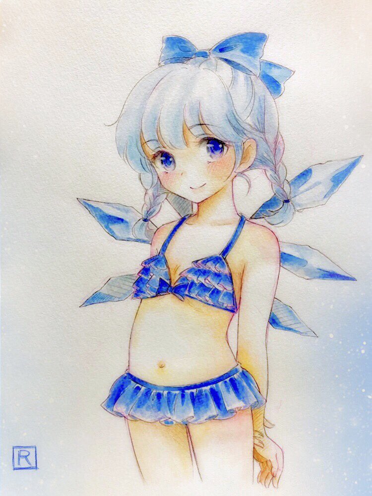 1girl, alternate_hairstyle, bare_shoulders, bikini, blue_eyes, blue_hair, blush, bow, braid, cirno, cowboy_shot, flat_chest, hair_bow, ice, ice_wings, low_twin_braids, medium_hair, q-bee_(aaru), simple_background, smile, solo, swimsuit, touhou, traditional_media, twin_braids, white_background, wings