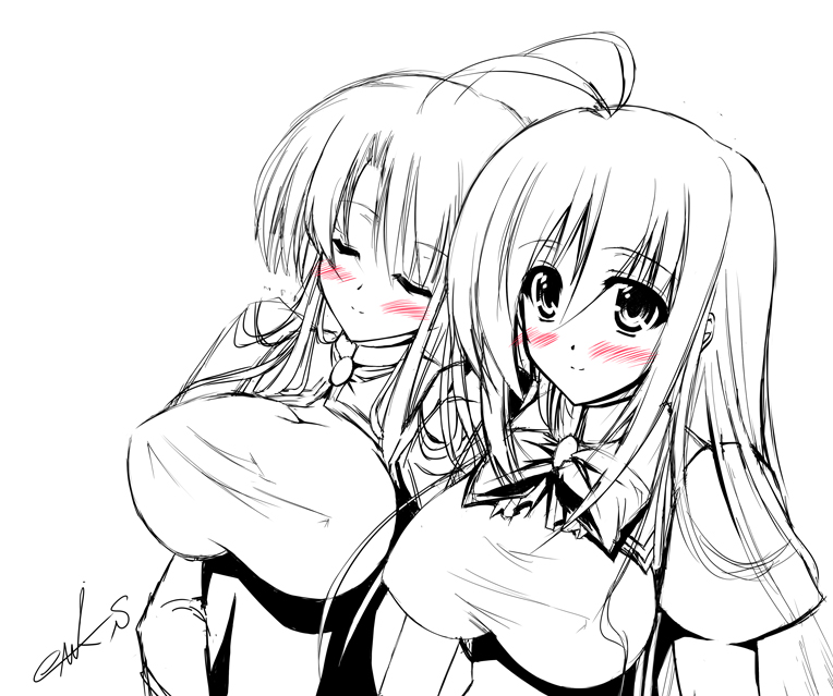 00s, 1boy, 1girl, ahoge, antenna_hair, ayuhara_hiiro, blush, bow, bowtie, breasts, brooch, closed_eyes, couple, covered_erect_nipples, dmilr, greyscale, hair_between_eyes, happy, heads_together, huge_breasts, jewelry, juujou_shion, large_breasts, leaning, long_hair, miyanokouji_mizuho, monochrome, nanaki_seiju, otome_wa_boku_ni_koishiteru, parted_bangs, school_uniform, shirt, sidelocks, signature, simple_background, sketch, smile, spot_color, taut_clothes, taut_shirt, trap, turtleneck, upper_body, very_long_hair