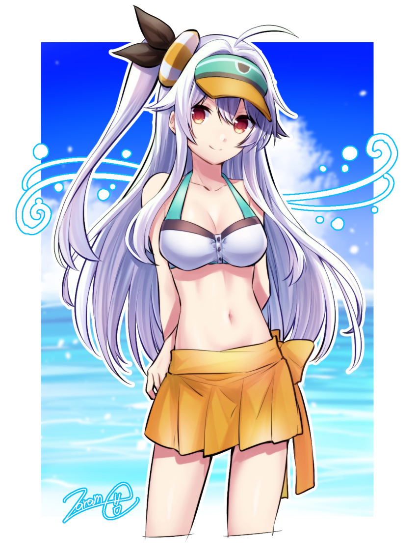 1girl, arms_behind_back, black_ribbon, border, breasts, brown_eyes, cleavage, cloud