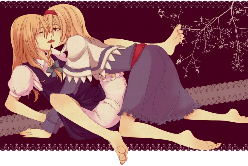 2girls, absurdres, alice_margatroid, bad_id, bad_pixiv_id, barefoot, blonde_hair, bloomers, blue_eyes, braid, couple, feet, female_focus, hairband, highres, kirisame_marisa, long_hair, multiple_girls, safai, short_hair, soles, tears, toe_scrunch, toes, touhou, underwear, yuri
