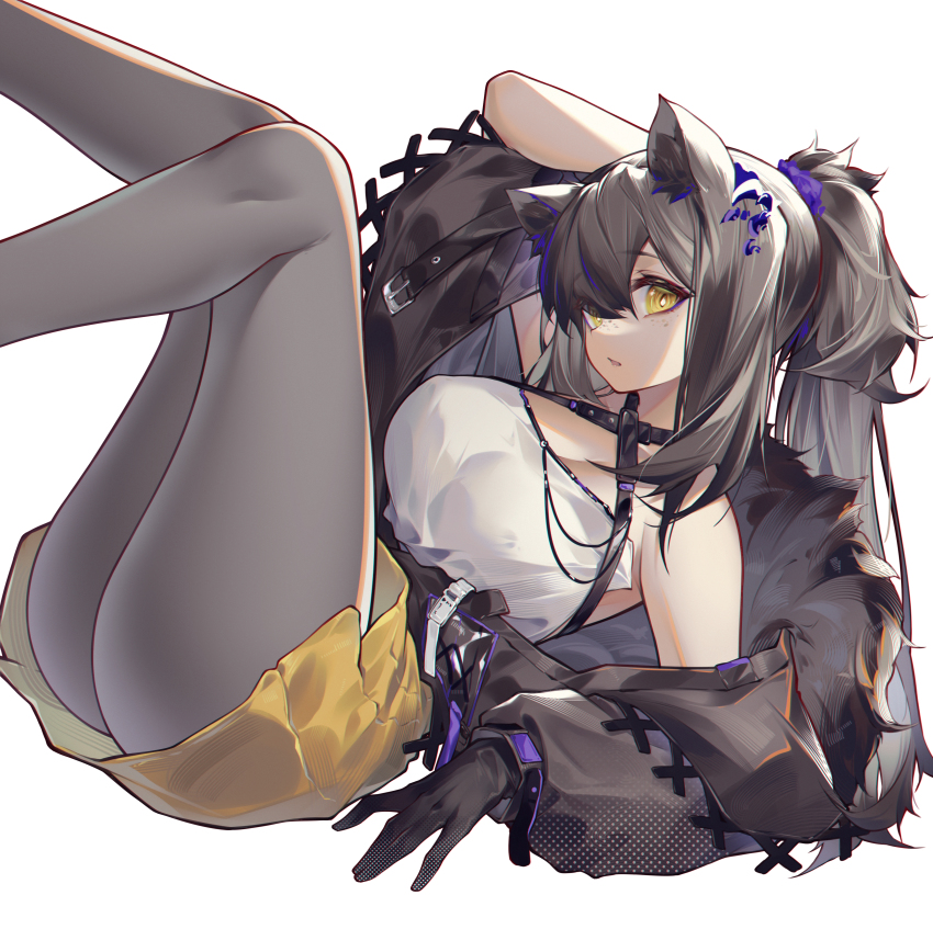 1girl, absurdres, animal_ears, arknights, ass, bare_shoulders, black_hair, criss-cross_halter
