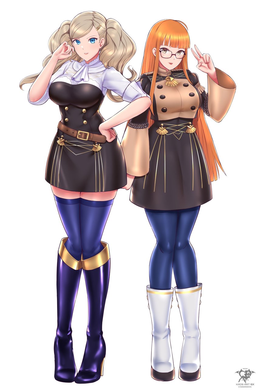 2girls, absurdres, alternate_breast_size, artist_logo, artist_name, belt, black_dress, blonde_hair, blue_eyes, blue_pantyhose, blue_thighhighs, boots, cosplay, dress, epaulettes, female_focus, fire_emblem, fire_emblem:_three_houses, full_body, garreg_mach_monastery_uniform, glasses, gold_trim, high_heels, highres, hilda_valentine_goneril, hilda_valentine_goneril_(cosplay), kaos_art, logo, looking_at_viewer, lysithea_von_ordelia, lysithea_von_ordelia_(cosplay), multiple_girls, nintendo, orange_hair, pantyhose, persona, persona_5, sakura_futaba, standing, takamaki_anne, thighhighs, tongue, tongue_out, v, voice_actor_connection, yellow_eyes