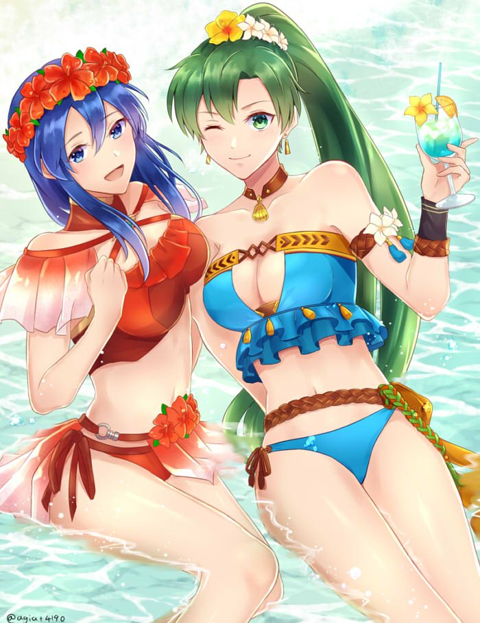 2girls, alternate_costume, asymmetrical_bangs, bare_shoulders, beach, bikini, blue_bikini, blue_eyes, blue_hair, breasts, cleavage, cleavage_cutout, clenched_hand, clothing_cutout, cup, drink, drinking_glass, drinking_straw, earrings, eyebrows_hidden_by_hair, eyes_visible_through_hair, female_focus, fire_emblem, fire_emblem:_the_binding_blade, fire_emblem:_the_blazing_blade, fire_emblem_heroes, flower, from_above, green_eyes, green_hair, hair_between_eyes, hair_flower, hair_ornament, hand_up, head_wreath, high_ponytail, holding, holding_cup, holding_drink, jewelry, large_breasts, lilina_(fire_emblem), lilina_(summer)_(fire_emblem), long_hair, looking_at_viewer, looking_up, lyn_(fire_emblem), lyn_(lady_of_the_beach)_(fire_emblem), matching_hair/eyes, medium_breasts, midriff, mother_and_child, mother_and_daughter, multiple_girls, navel, neck, necklace, nintendo, official_alternate_costume, one_eye_closed, parent_and_child, ponytail, red_bikini, red_flower, rope_belt, sitting, smile, strapless, strapless_bikini, swimsuit, taiga_kazame, twitter_username, very_long_hair, water, wet, wet_hair, white_flower, wink, yellow_flower