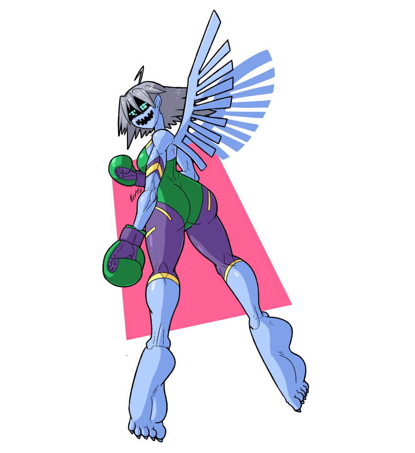 1girl, absurdres, alternate_form, ass, blue_skin, boxing_gloves, breasts, colored_skin, creepy, d-reaper, d-reaper_adr-01, digimon, digimon_tamers, fang, fangs, fingernails, full_body, green_leotard, grin, highleg, highleg_leotard, highres, huge_ass, leotard, looking_at_viewer, looking_back, monster_girl, muscular, muscular_female, netto, netto-painter, no_humans, open_mouth, shiny_clothes, shiny_skin, silver_hair, skin_fang, smile, wings