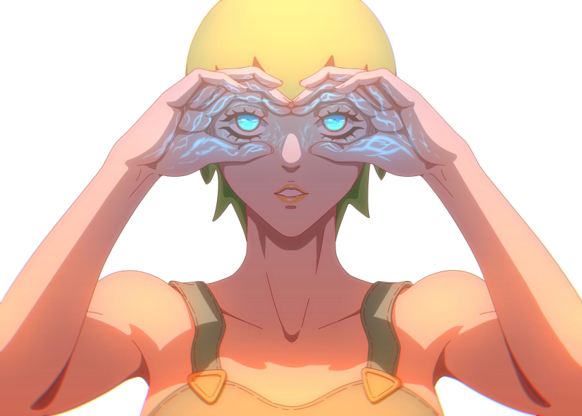 1girl, arms_up, blue_eyes, foo_fighters_(jojo), green_hair, hand_glasses, highres, jojo_no_kimyou_na_bouken