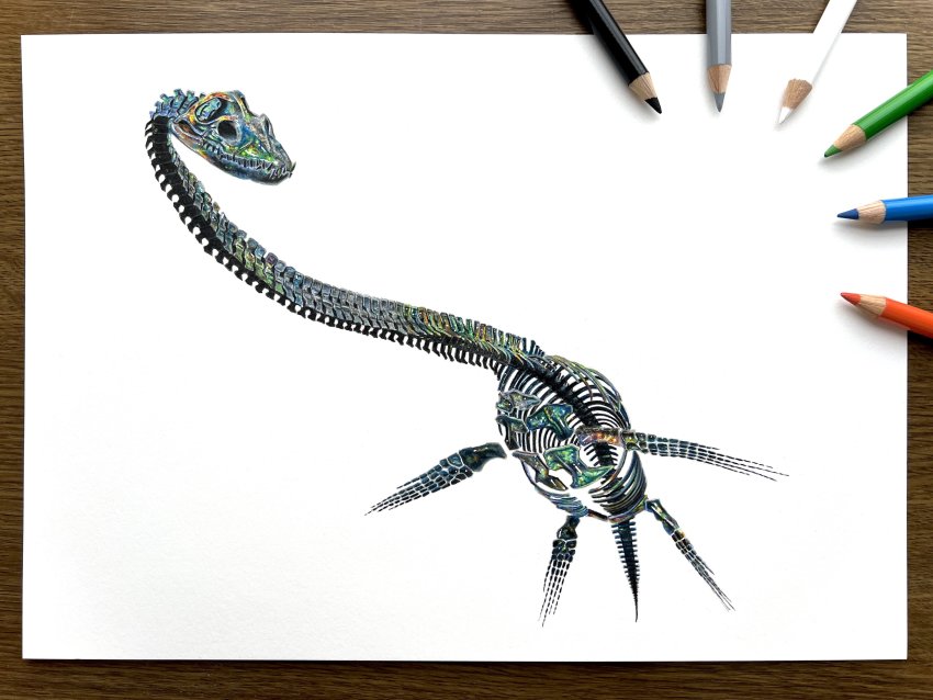 abe_yuichiro, absurdres, art_tools_in_frame, colored_pencil_(medium), commentary_request, dinosaur, highres, no_humans