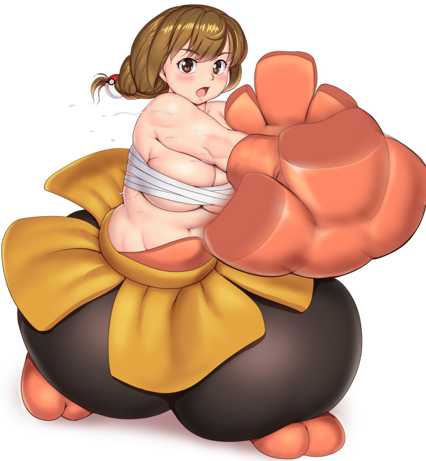 1girl, belly, blush, breasts, brown_eyes, brown_hair, cleavage, commentary_request, commission, cosplay, full_body, gen_3_pokemon, hariyama, hariyama_(cosplay), highres, large_breasts, leaning_forward, looking_at_viewer, looking_to_the_side, mahouka_koukou_no_rettousei, navel, nintendo, ono_haruka, open_mouth, orange_shoes, orizen, outstretched_arm, oversized_gloves, pants, parachute_pants, pixiv_commission, plump, poke_ball, poke_ball_hair_ornament, pokemon, sarashi, shadow, shoes, simple_background, solo, standing, sweat, tareme, thick_arms, white_background