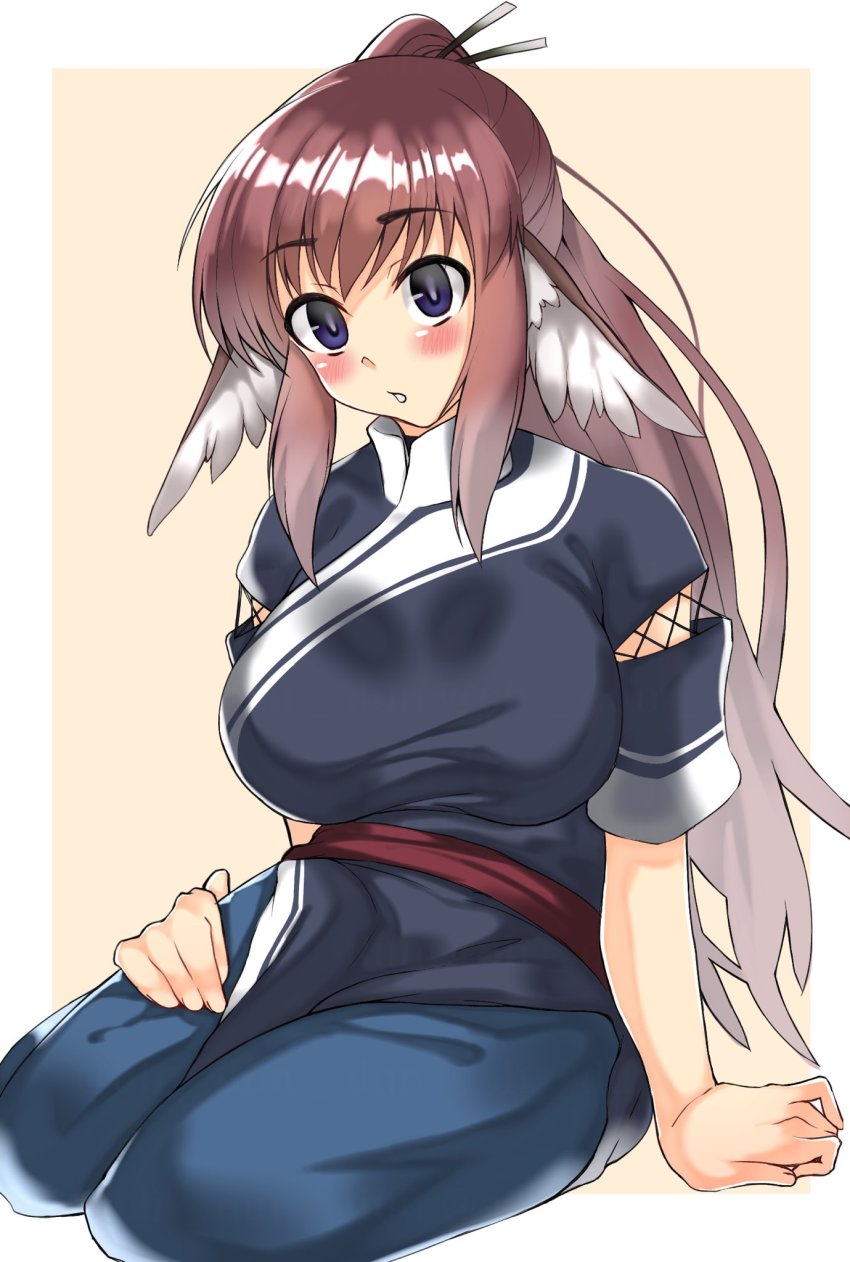 1girl, absurdly_long_hair, ainu_clothes, animal_ears, aquaplus, blue_eyes, blush, breasts
