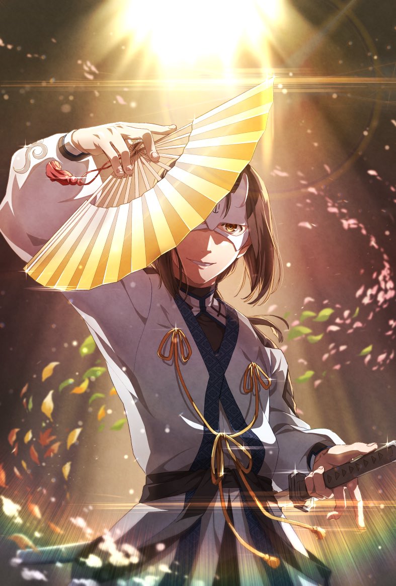 1boy, aquaplus, arm_up, bang, brown_eyes, brown_hair, collared_shirt, covered_collarbone