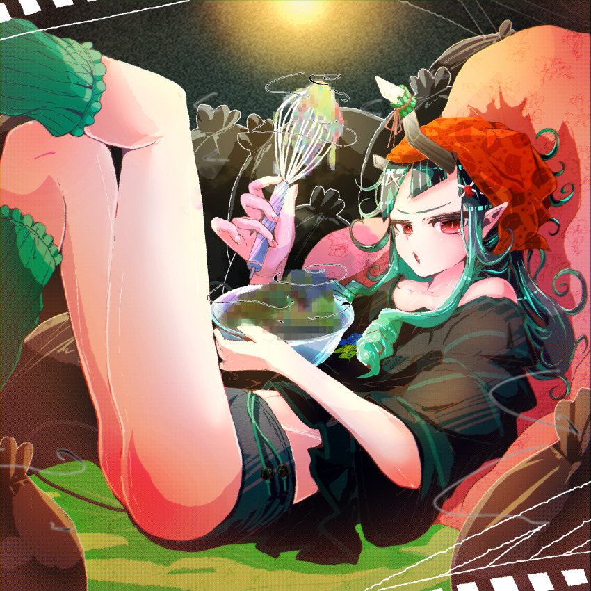 1girl, bane_mk-2, black_hair, black_shirt, black_shorts, blue_hair, bowl, censored