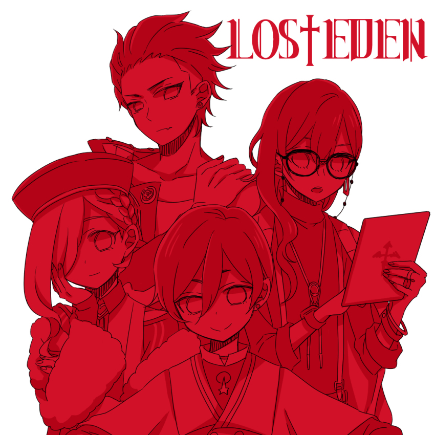 4boys, bracelet, braid, earrings, glasses, hair_between_eyes, hand_on_own_shoulder, hat