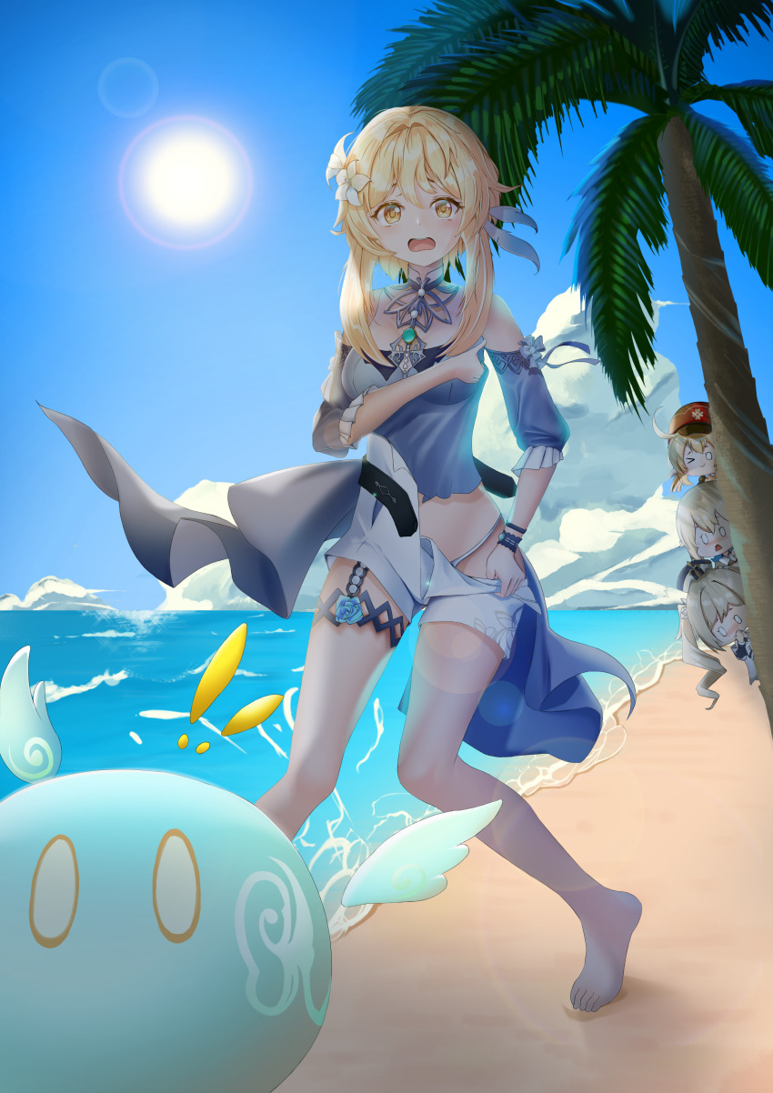 4girls, absurdres, barbara_(genshin_impact), bare_legs, bare_shoulders, barefoot, beach, blonde_hair