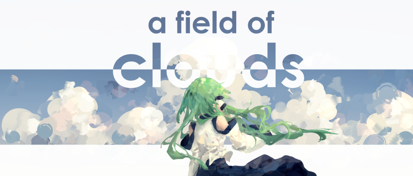 1girl, absurdres, blue_skirt, collared_shirt, detached_sleeves, english_text, from_behind, green_hair, hair_ornament, hair_tubes, hand_in_own_hair, highres, iwapd3, kochiya_sanae, letterboxed, long_hair, long_skirt, looking_up, shirt, sketch, skirt, sky, sleeveless, sleeveless_shirt, solo, touhou, white_shirt