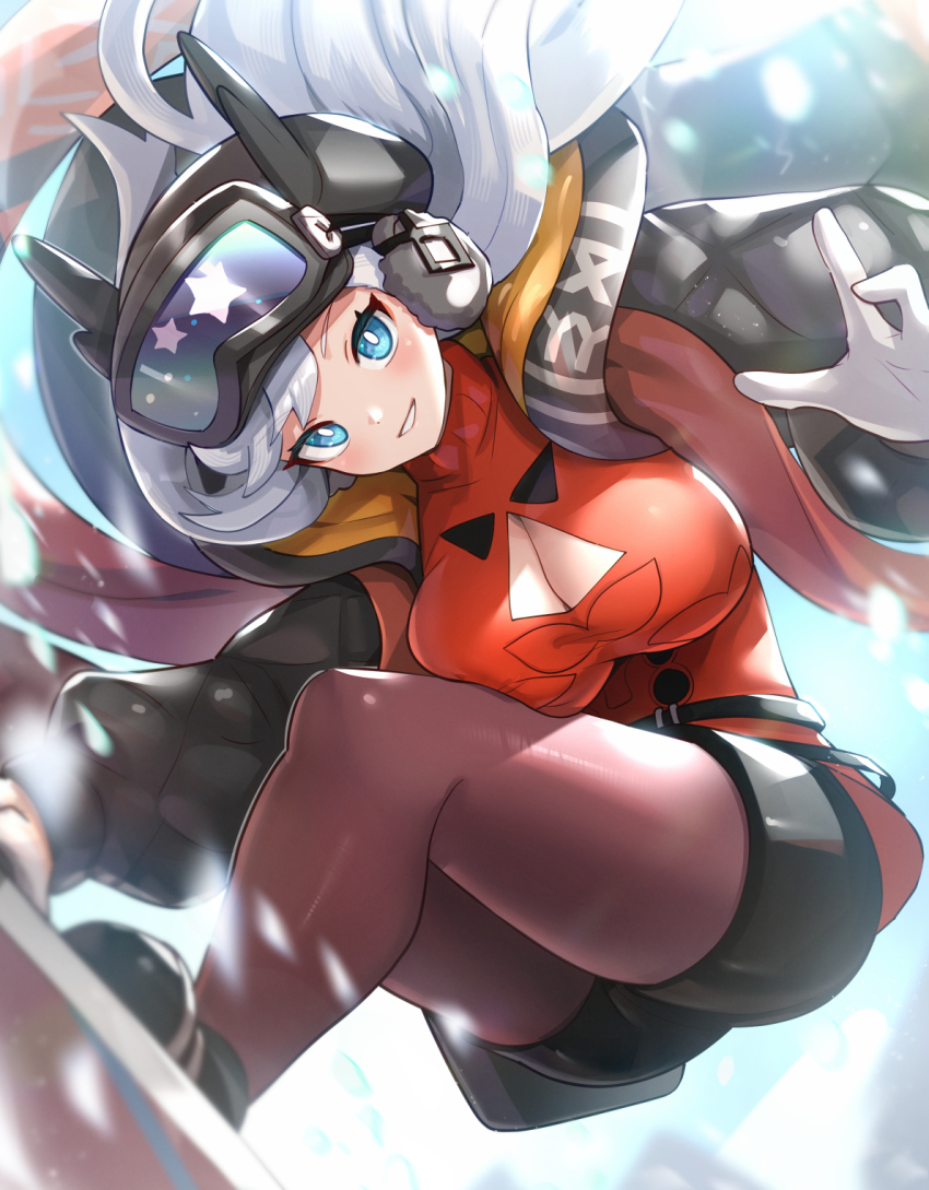 1girl, black_hat, blue_eyes, breasts, character_request, cleavage, cleavage_cutout, clothing_cutout, commentary_request, dragalia_lost, gloves, goggles, goggles_on_headwear, gonzarez, hat, highres, ilia_(dragalia, ilia_(dragalia_lost), ilia_(dragonyule)_(dragalia_lost), large_breasts, long_hair, looking_at_viewer, lost), pantyhose, red_pantyhose, short_shorts, shorts, smile, solo, white_gloves, white_hair