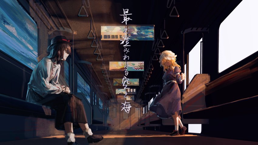 2girls, absurdres, arm_garter, black_footwear, black_skirt, blonde_hair, bow, brown_eyes