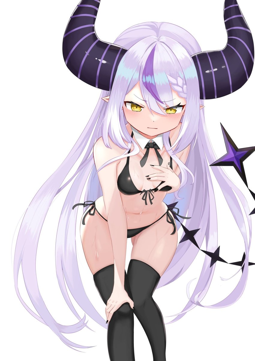 1girl, bad_id, bad_twitter_id, bikini, black_bikini, black_nails, black_thighhighs, braid, breasts, commentary, crown_braid, hair_between_eyes, hand_on_own_chest, hand_on_own_knee, highres, hololive, holox, horns, jiang_ye_kiri, la+_darknesss, leaning_forward, long_hair, looking_at_viewer, multicolored_hair, nail_polish, navel, pointy_ears, purple_hair, silver_hair, simple_background, small_breasts, solo, streaked_hair, striped_horns, swimsuit, thighhighs, two-tone_hair, very_long_hair, virtual_youtuber, white_background, yellow_eyes