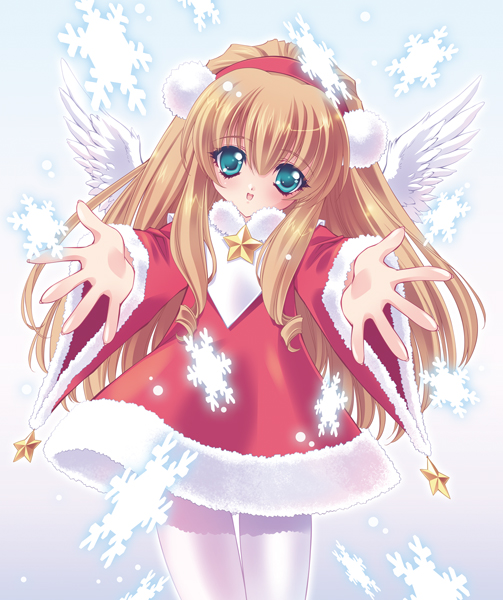 1girl, amamiya_poran, angel_wings, aqua_eyes, bad_id, bad_pixiv_id, brown_hair, christmas