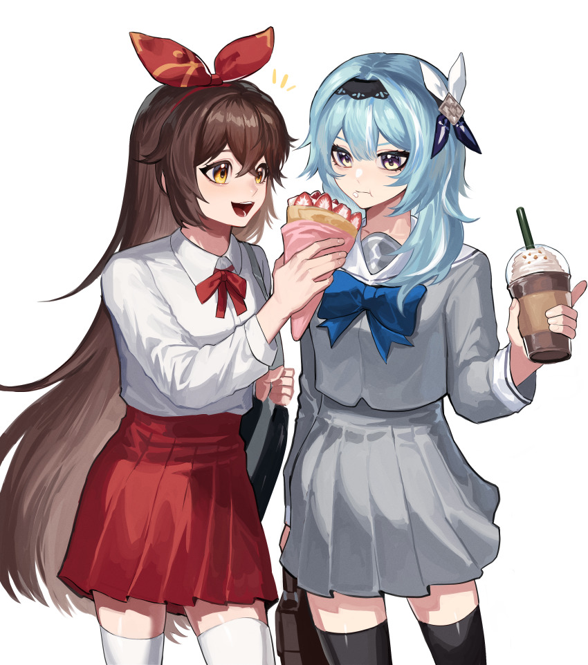 2girls, absurdres, amber_(genshin_impact), blue_bow, blue_eyes, bow, brown_hair, cowboy_shot, crepe, cup, drink, drinking_straw, eating, eula_(genshin_impact), food, food_on_face, genshin_impact, hairband, highres, long_sleeves, multiple_girls, nongxy_nonshi, open_mouth, pleated_skirt, red_hairband, red_neckwear, sailor_collar, school_uniform, serafuku, simple_background, skirt, smile, thighhighs, white_background, yellow_eyes