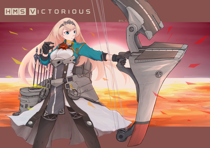 1girl, absurdres, arrow_(projectile), bad_id, bad_pixiv_id, black_gloves, black_pantyhose, blonde_hair