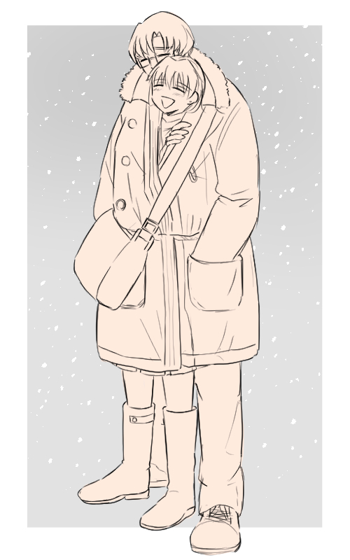 1boy, 1girl, aged_up, aida_kensuke, blush, carrying_bag, closed_eyes, coat