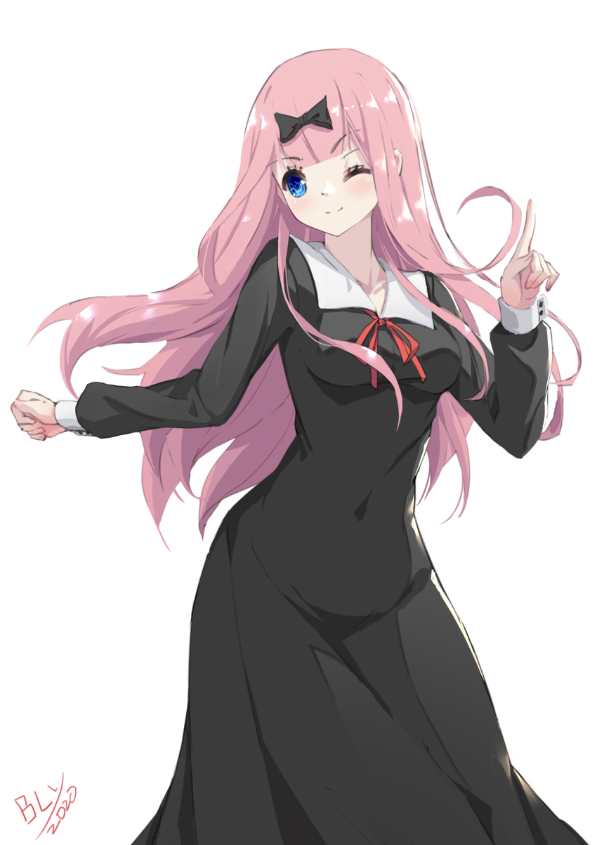 1girl, ;), black_bow, blue_eyes, blunt_bangs, blush, bly-yuan, bow