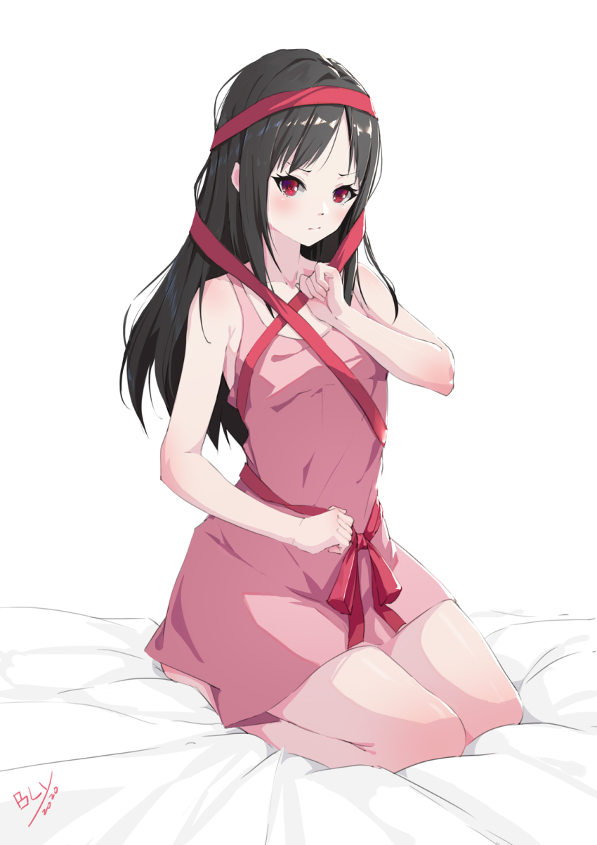 1girl, bare_arms, bare_shoulders, bed_sheet, bly-yuan, breasts, brown_hair, closed_mouth, dress, hand_up, highres, kaguya-sama_wa_kokurasetai_~tensai-tachi_no_renai_zunousen~, long_hair, looking_at_viewer, parted_bangs, pink_dress, red_eyes, red_ribbon, ribbon, shinomiya_kaguya, signature, small_breasts, solo