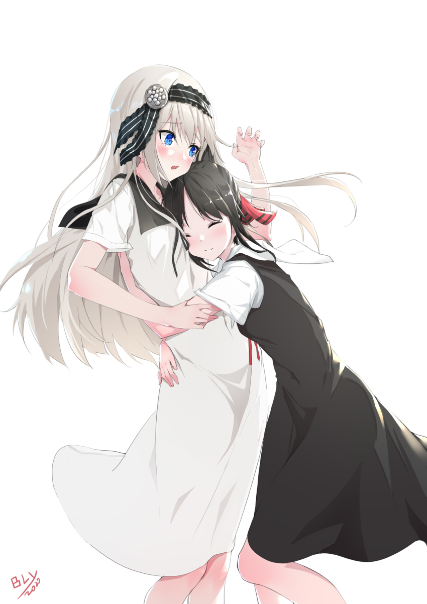 2020, 2girls, black_dress, black_hairband, blue_eyes, blush, bly-yuan, closed_eyes