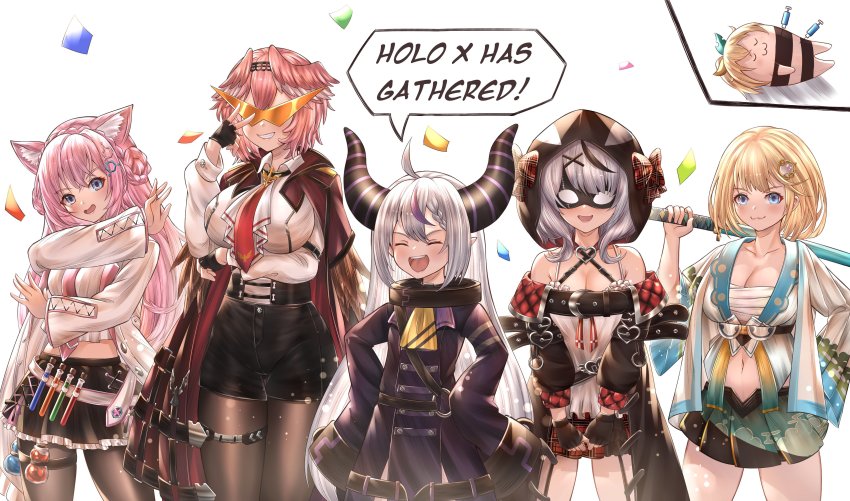 6+girls, absurdres, animal_ears, arm_under_breasts, bare_shoulders, bird, black_gloves, blonde_hair, blouse, blue_eyes, bow, breasts, choker, cleavage, confetti, cosplay, demon_girl, demon_horns, english_text, fingerless_gloves, gloves, hair_between_eyes, hair_ornament, hairband, hakui_koyori, head_wings, high-waist_shorts, highres, hololive, hololive_english, holomyth, holox, honkivampy, hood, hood_up, horns, jacket, japanese_clothes, kamina_shades, katana, kazama_iroha, kazama_iroha_(cosplay), la+_darknesss, large_breasts, long_hair, long_sleeves, looking_at_viewer, medium_breasts, midriff, multicolored_hair, multiple_girls, navel, necktie, off_shoulder, pantyhose, pantyhose_under_shorts, pink_hair, ponytail, red_bow, red_necktie, sakamata_chloe, sakamata_chloe_(1st_costume), samurai, sarashi, science_adventure, shirt, short_hair, shorts, silver_hair, smile, standing, steins;gate, streaked_hair, striped_horns, sword, syringe, takane_lui, takane_lui_(1st_costume), teruyof, thighs, triangular_eyewear, virtual_youtuber, watson_amelia, weapon, white_shirt, wings, wolf_ears, x_hair_ornament
