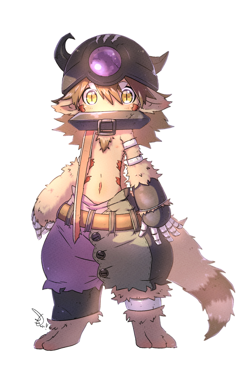 +_+, 1boy, animal_ears, ankle_cuffs, arm_strap, arms_at_sides, bandam, brown_fur