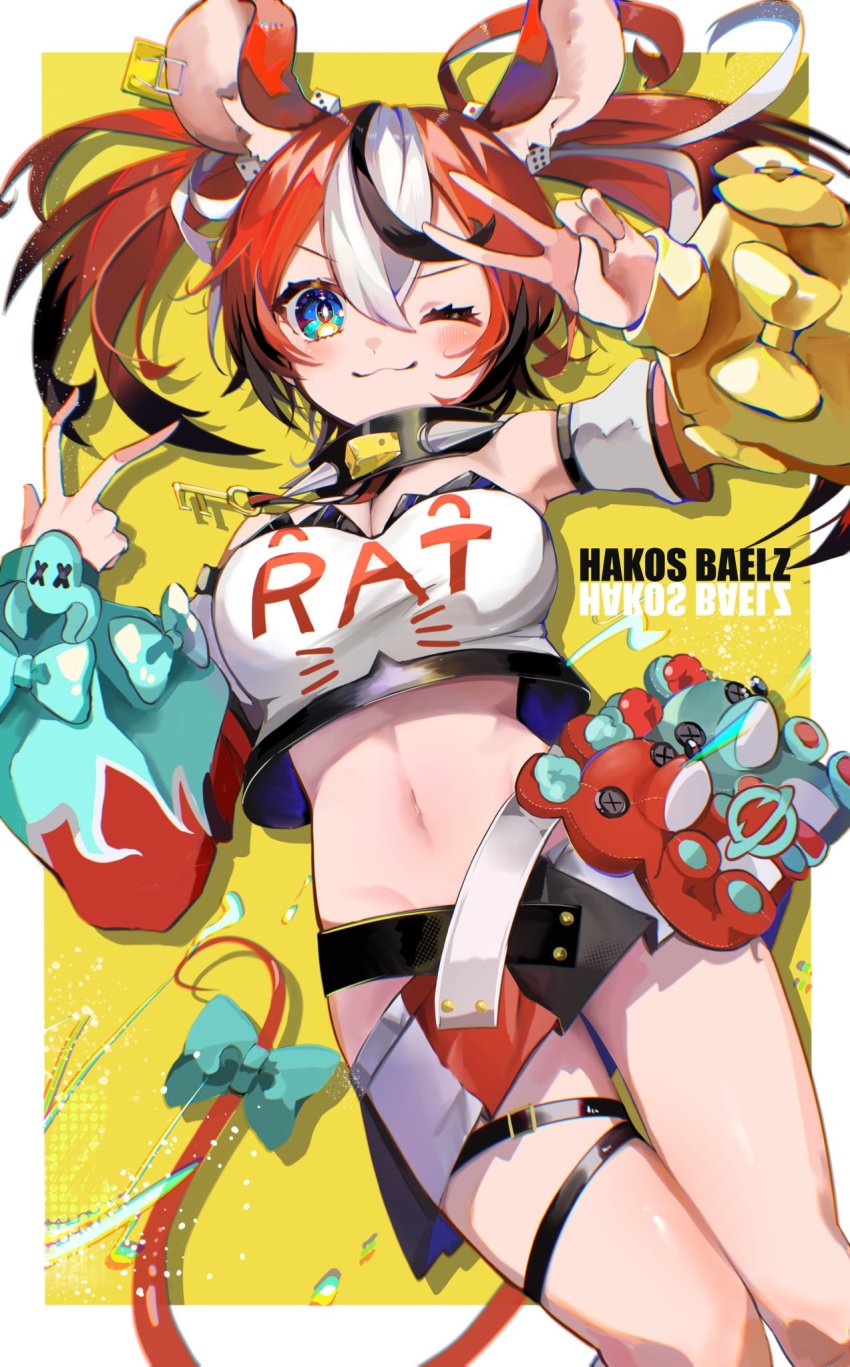 1girl, :3, animal_ears, blue_eyes, breasts, character_name, cleavage, collar, detached_sleeves, dice_hair_ornament, feet_out_of_frame, hair_ornament, hakos_baelz, highres, holocouncil, hololive, hololive_english, large_breasts, looking_at_viewer, mamiya_miya, midriff, miniskirt, mousetrap, navel, one_eye_closed, pleated_skirt, red_hair, skirt, solo, spiked_collar, spikes, strapless, tail, thigh_strap, tube_top, twintails, v, virtual_youtuber, yellow_background