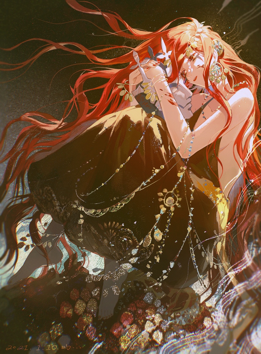 1girl, anklet, bare_shoulders, barefoot, bead_necklace, beads, black_background, black_dress