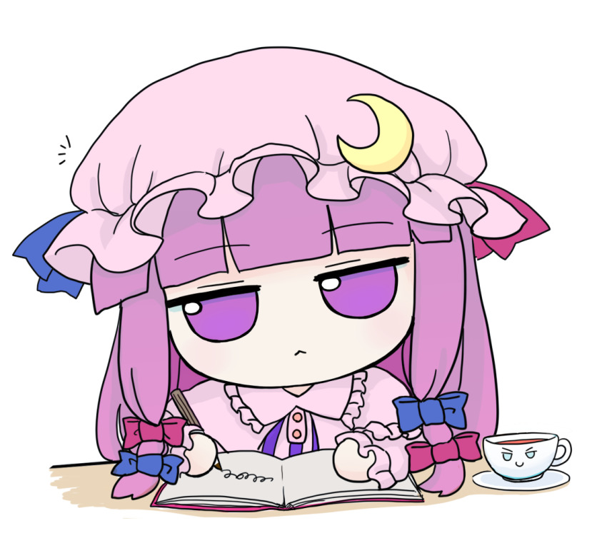 1girl, :<, azuma_meri, capelet, character_doll, check_commentary, commentary_request, crescent