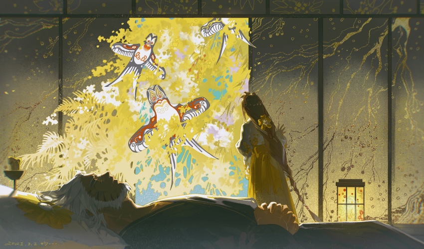 1boy, 1girl, absurdres, beard, braid, braided_ponytail, branch, breasts