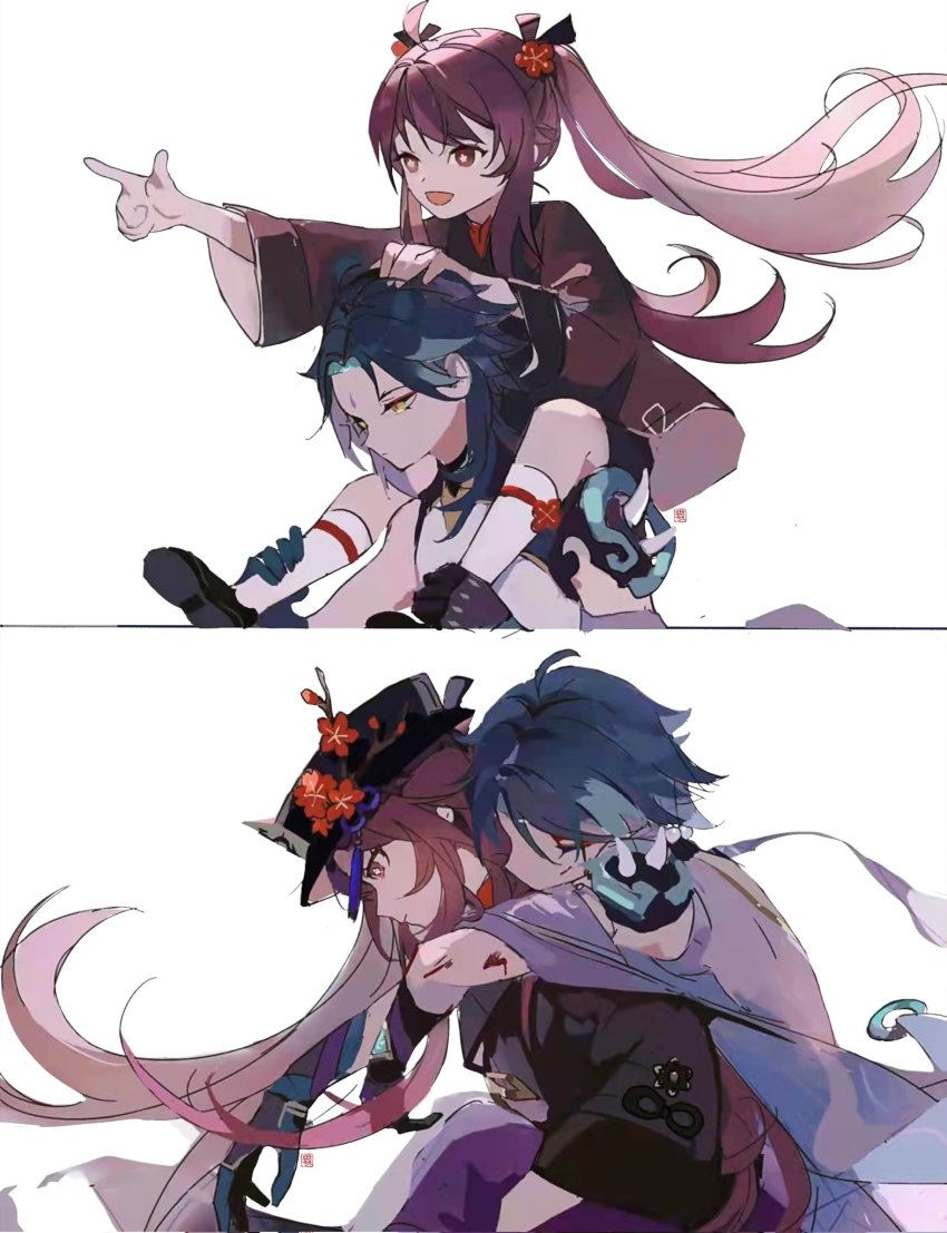 1boy, 1girl, aged_down, black_dress, black_footwear, black_gloves, black_hair, black_headwear