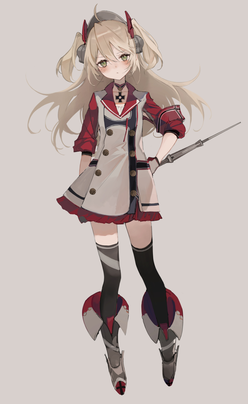 1girl, absurdres, admiral_hipper_(azur_lane), ahoge, azur_lane, blonde_hair, blush, boots, buttons, closed_mouth, collarbone, commentary, cross, double-breasted, flat_chest, full_body, gloves, green_eyes, grey_background, hair_between_eyes, head_tilt, highres, holding, iron_cross, kyuumura, long_hair, looking_at_viewer, mole, mole_under_eye, simple_background, sleeves_rolled_up, solo, standing, thighhighs, two_side_up, visor_cap