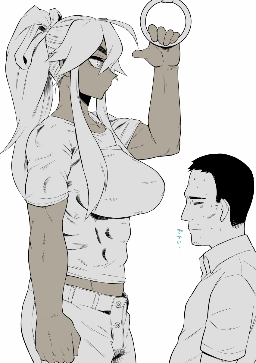 1boy, 1girl, absurdres, ahoge, breasts, dark-skinned_female, dark_skin, greyscale, hair_between_eyes, height_difference, highres, kantoqyoiko, large_breasts, monochrome, muscular, muscular_female, original, pants, ponytail, shirt, short_sleeves, simple_background, tall_female, white_background